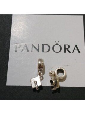 PANDORA Silver Hanging GRADUATION Hat/Cap Dangle Charm 790270, Set of 2